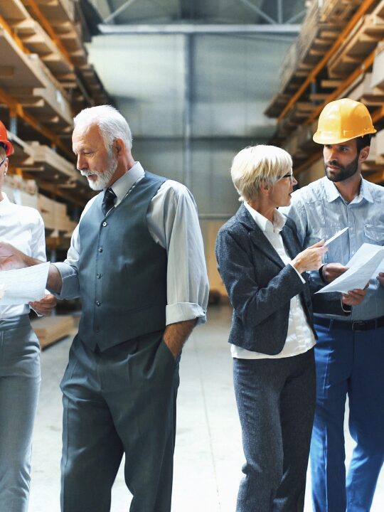 Ett gäng människor i uppstarten på ett byggnadsprojekt som diskuterar - Facility management
